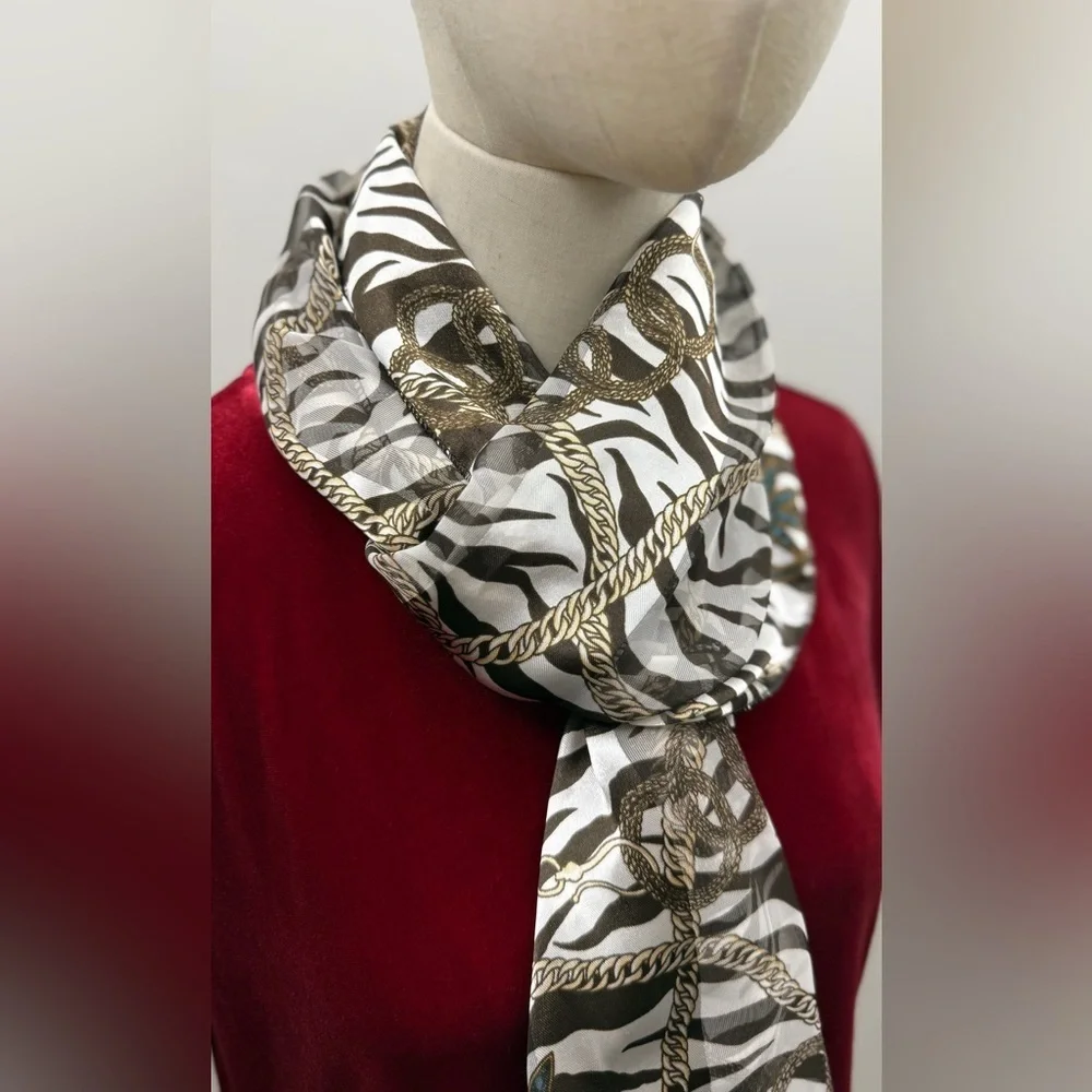 Zebra Print Chain Scarf Gold Rope Pattern Lightweight Sheer Polyester